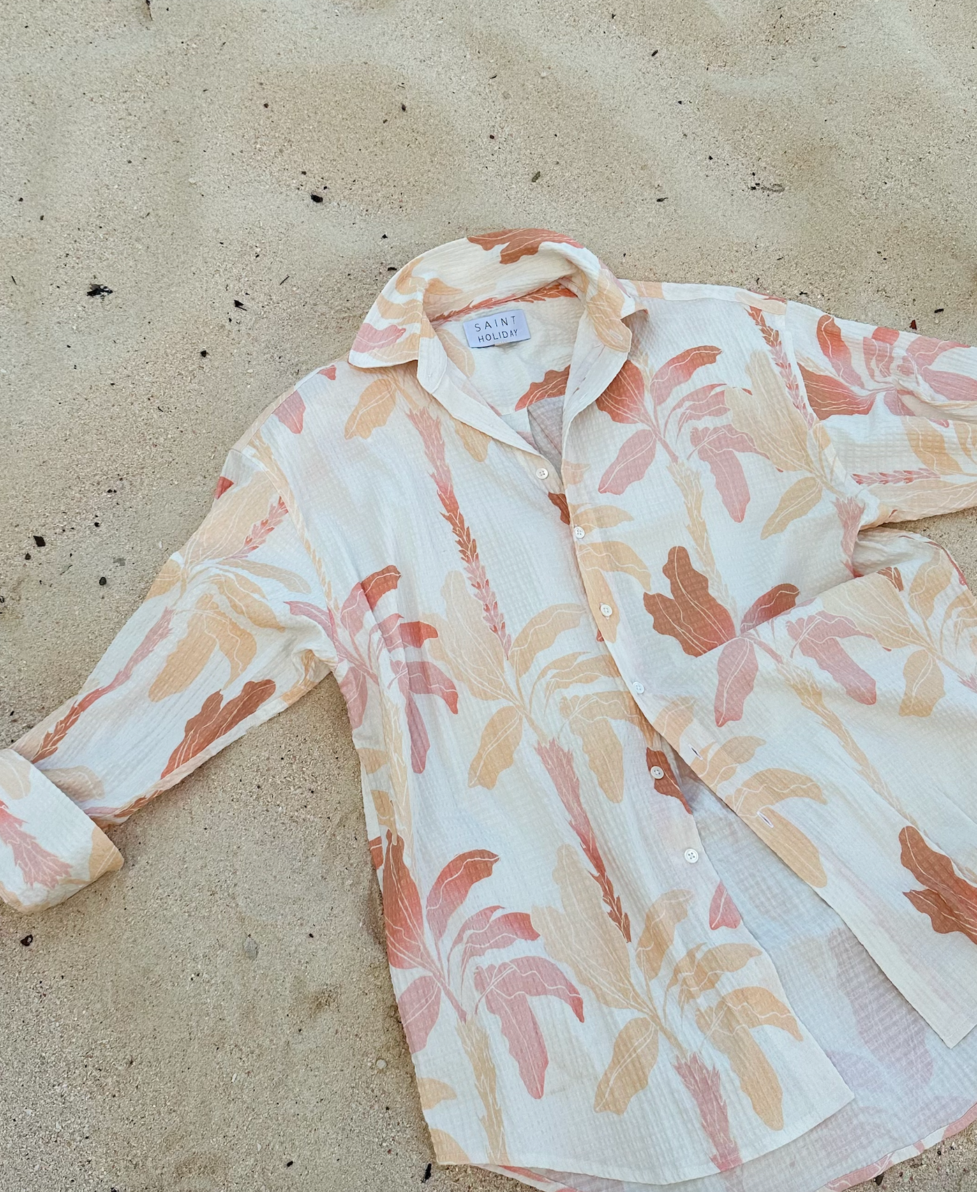 Handcrafted Oversized Beach Shirt - 100% Textured Seersucker Cotton with Exclusive Tropical Print and Shell Button Detail - Loose-Fit Swimwear Cover.  Matching Set.